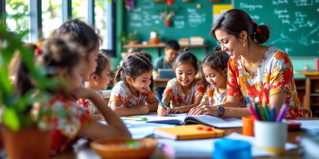 Kelas yang cerah dengan siswa dan guru di Bali.