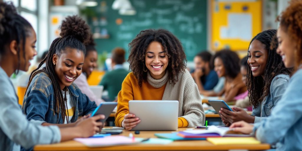 Ruang kelas modern dengan siswa dan teknologi pendidikan.