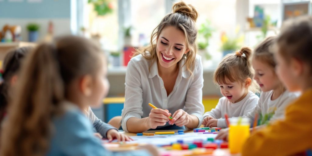 Guru PAUD mengajar anak-anak dengan senyuman dan semangat.