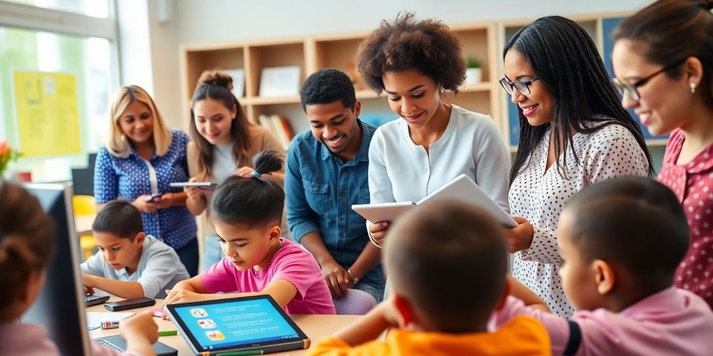 Gambar kelas dengan guru dan siswa menggunakan teknologi digital.