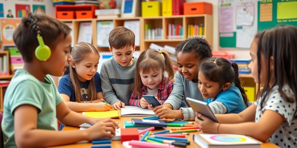 Ruang kelas cerah dengan siswa yang antusias belajar.